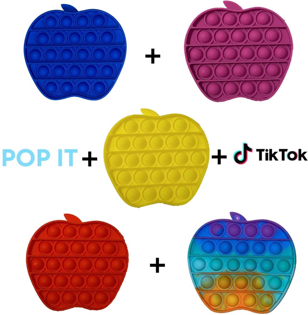 Pop it fidget toys (pakket) 5 in 1  Appel Blauw + Paars + Rood + Geel + Rainbow/Regenboom | Tiktok trend 2021 | Bubbel pop | Educatief | Anti stress | Speeltje | Stressknopjes |  Meisje √ jongen √ volwassenen | Verjaardag cadeau